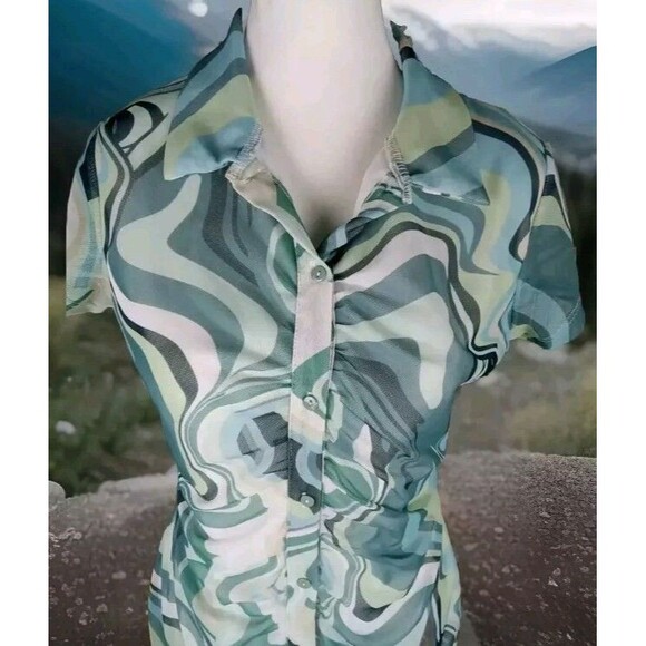 Birch And Stone Y2K Mini Dress Size L Paisley Button Short Sleeve - Picture 3 of 9